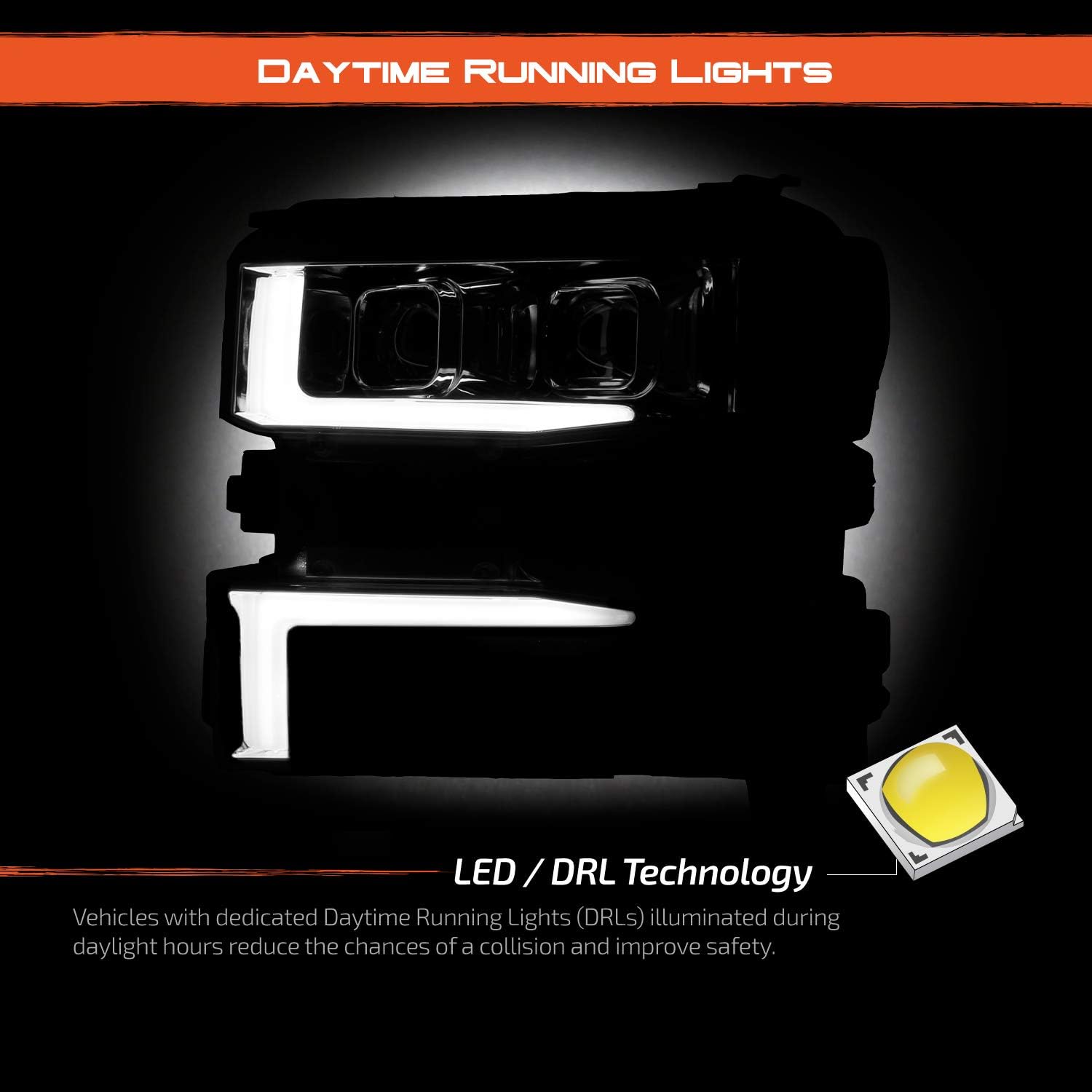 AKKON - Fits 2019-2022 Chevy Silverado 1500 [Halogen Type] Projector Chrome Headlights w/LED Sequential Signal Running Lamp Pair