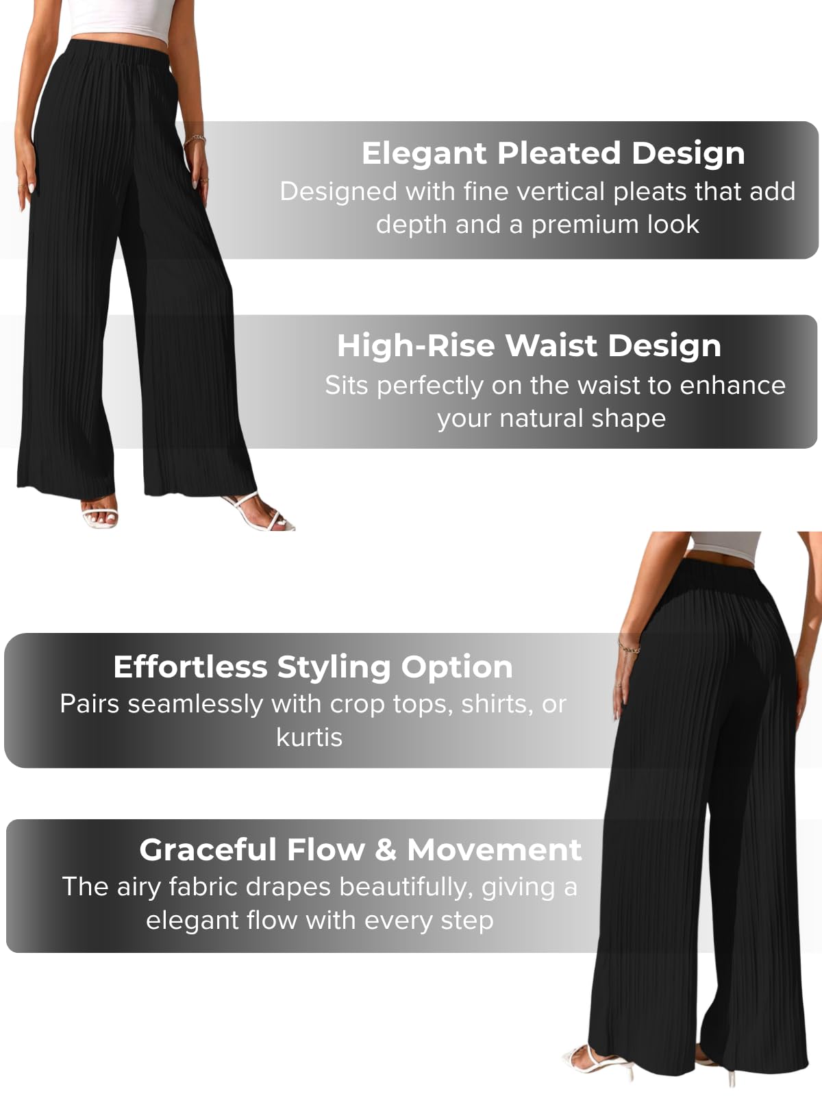 Leriya Fashion Pantaloni a palazzo da donna plissettati a vita alta elasticizzati | Estate Casual Lounge Wear Leggero Fluido Vestibilità dritta Confortevole Viaggio Spiaggia Ufficio Abbigliamento