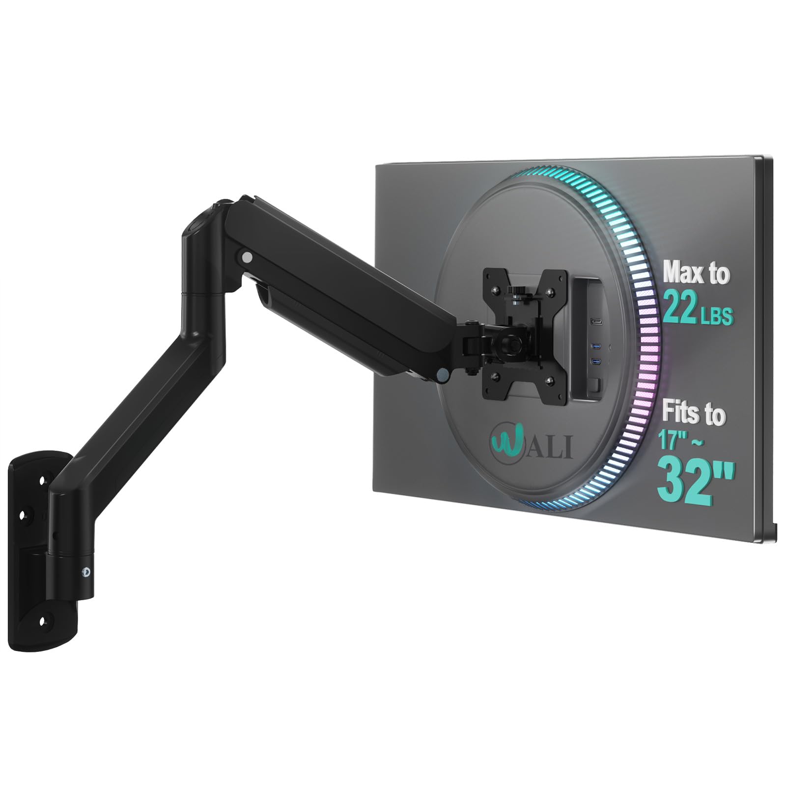 WALI Single Monitor Wall Mount for 17-32 Inch Screen, Fully Adjustable Gas Spring Monitor Arm with Tilt Swivel Rotate, Holds up to 10 kg, Arm Max Extension 49 cm, VESA 75 & 100mm (GSWM001), Black