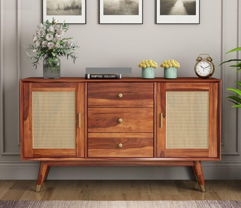 Solid Sheesham Wood Cane Sideboard Cabinet with 3 Storage and 3 Drawers for Living Room | Solid wood Cane Crockery cabinet for Storage |Wooden Cane Kitchen Cabinet for Home. (Honey)-image-34