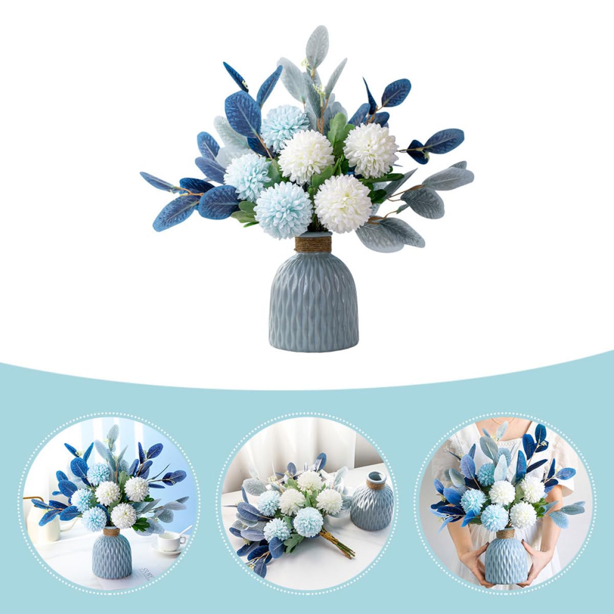 YARNOW Bouquet Simulé Hortensia Bleu avec Vase en Céramique et Fleur en Soie, sans Arrosage, Décoration pour Réunion à Domicile ou Fête à Thème