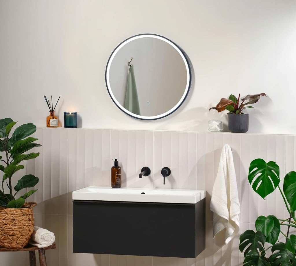 Lumora 600mm Round Matt Black Front-Lit LED Bathroom Mirror, Dimmable Tri-Colour Light, Anti-Fog Demister, Touch Sensor, IP44 Wall Mounted (Black)