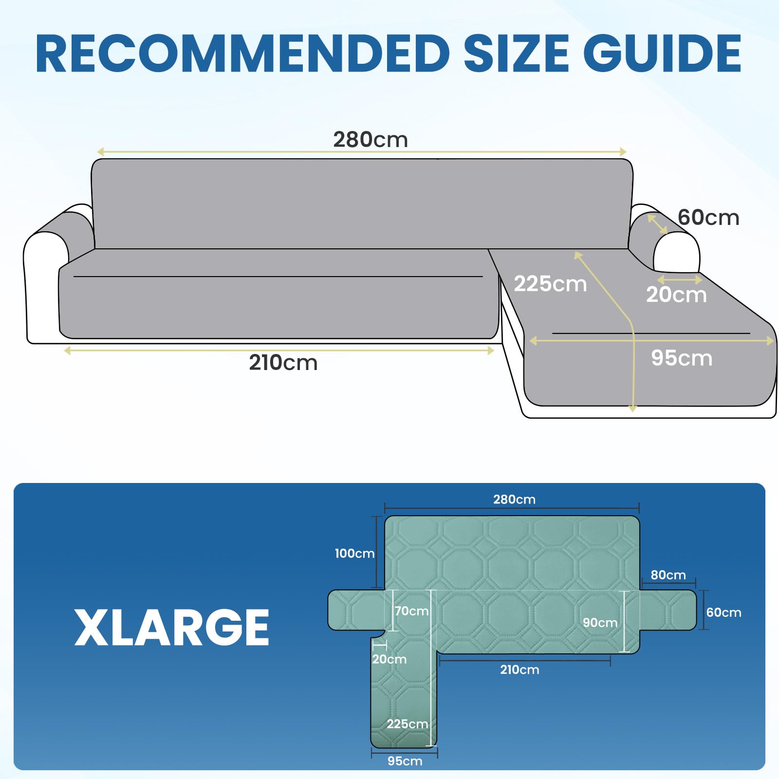 Ystyle Copridivano Impermeabile con Penisola 4 Posti (L 280 CM), Copridivano Angolare Destra/Sinistra Universale Reversibile, Copridivano Chaise longue Antigraffio Antimacchia, Blu Acqua Chiara
