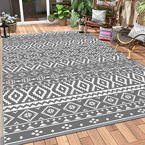 Outdoor Rug for Patios 150 x 240cm Waterproof Reversible & Easy Cleaning Plastic Straw Floor Mat Picnic Blanket UV Resistant Area Rugs for RV Camping Picnic BBQ Balcony Beach (Grey, 150 x 240 cm)