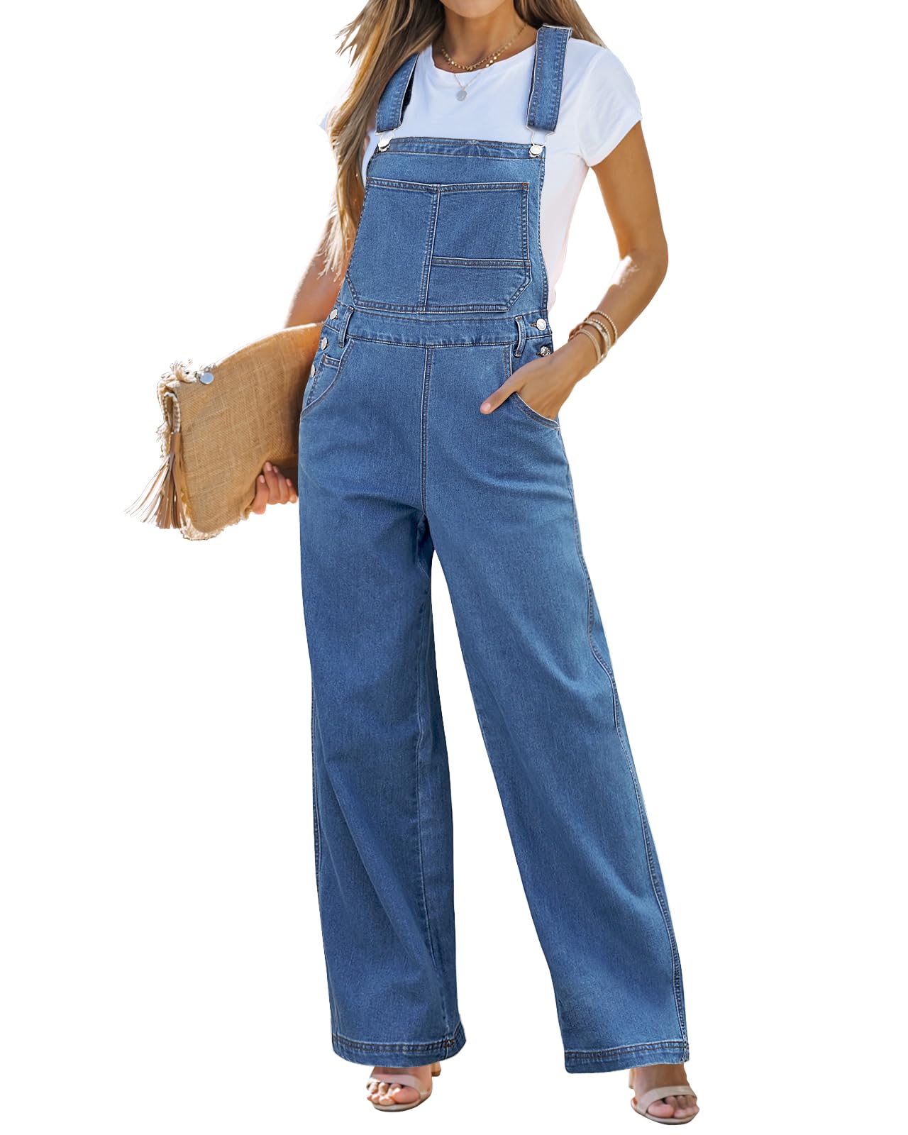 Vetinee Jean Overalls for Women Loose Fit Stretchy Denim Jumpsuit Baggy Bib Casual Straight Leg Pocket Dungaree Overall