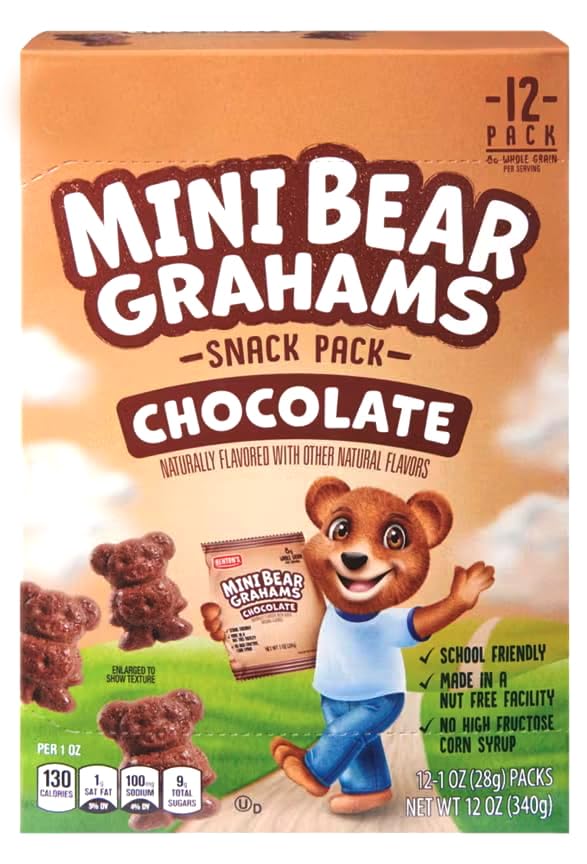 Benton Mini Bear Chocolate Grahams Snack Pack Animal Cracker Cookies, On the Go, 12 Pouches, 1 oz Per Box, School Friendly, Nut Free