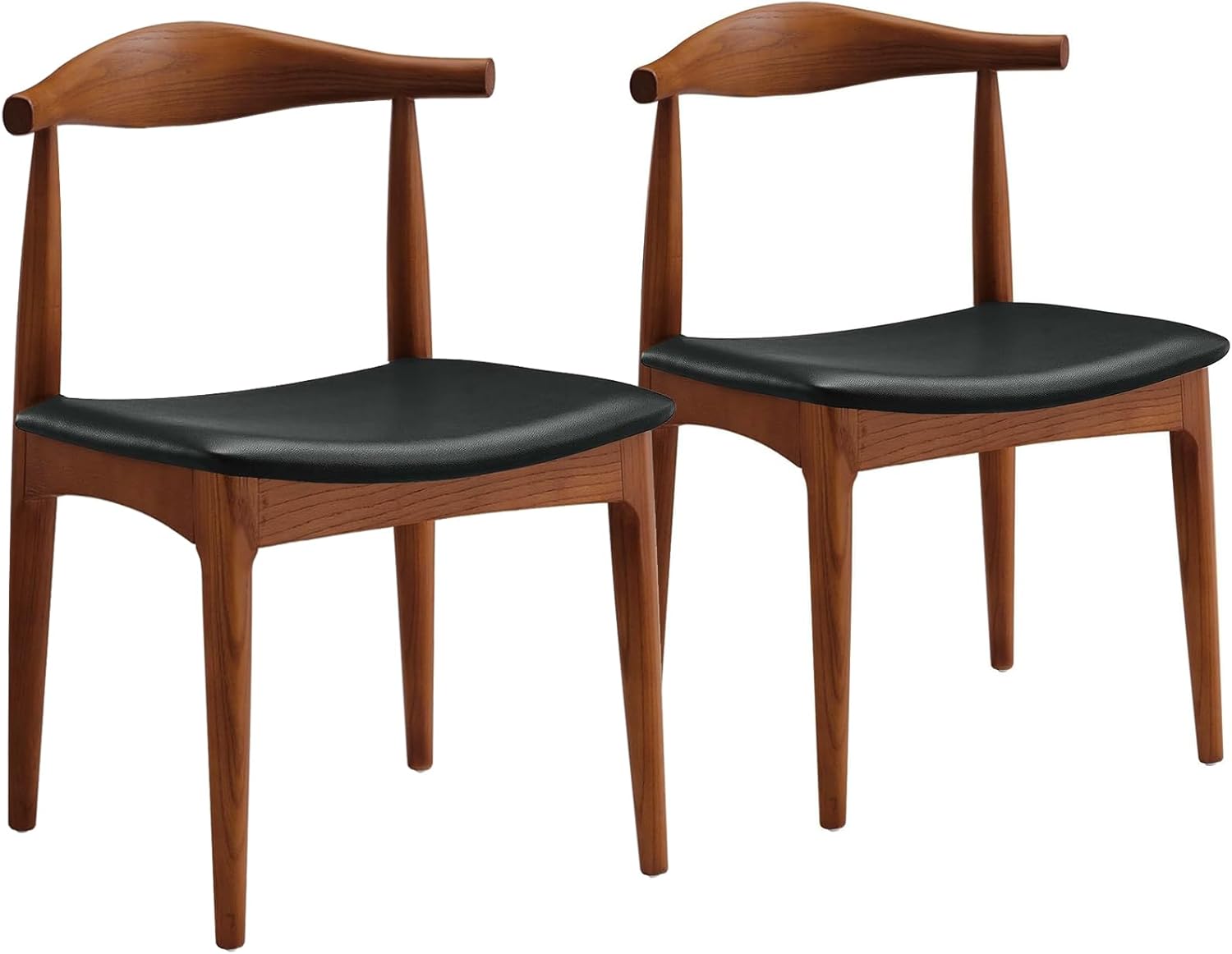 Solid Wood Dining Chairs Set of 2, Mid Century Dining Chairs, Upholstered PU Leather Chairs with Wide Curved Backrest, Chairs for Dining Room, Kitchen, Walnut Finish 2-Pack