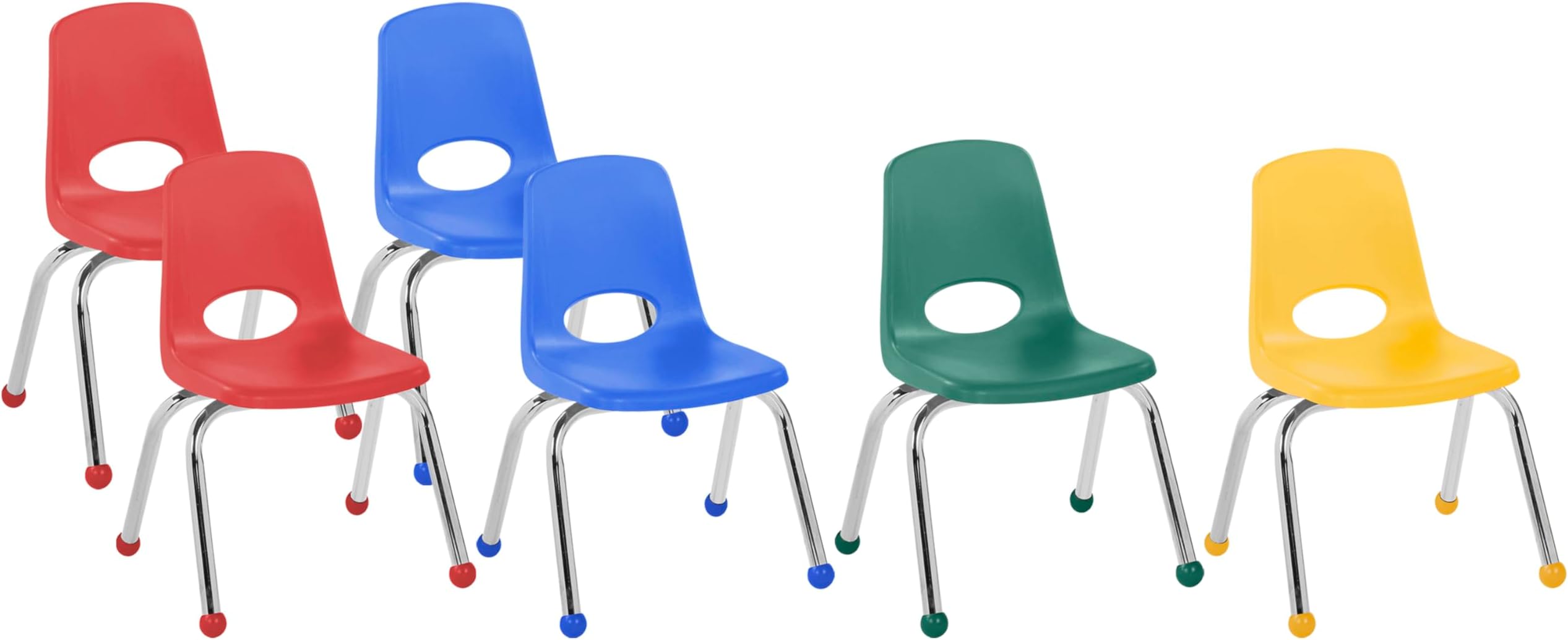 Factory Direct Partners 12" School Chairs, Stackable Kids Classroom Chair, Set of 6 Stacking Student Chair with Ball Glides For Preschool, Kindergarten, and Early Learning Centers, Assorted Colors