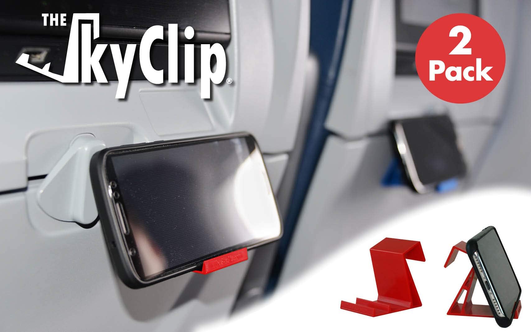 The SkyClip - (Red, 2 Pack Airplane Cell Phone Seat Back Tray Table Clip and Sturdy Phone Stand, Compatible with iPhone, Android, Tablets, and Readers
