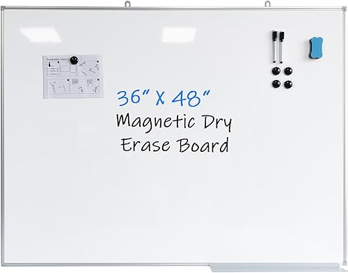 Pizarra blanca magnética de 48 x 36 pulgadas, pizarra blanca ultrafina y ligera, incluye 3 marcadores, 1 bandeja para bolígrafos, 4 imanes y