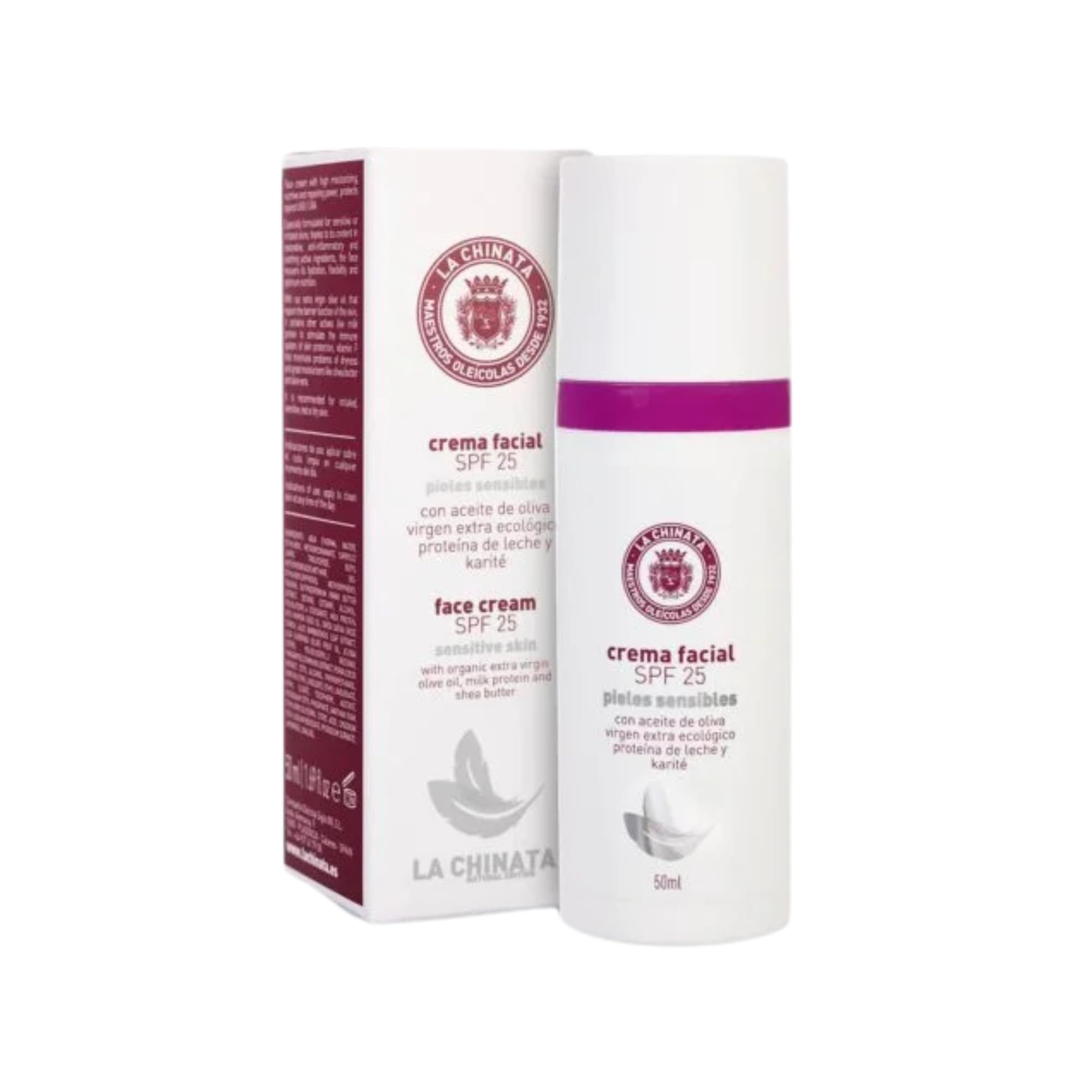 Crema facial pieles sensibles SPF25 – La Chinata - Hidratación y protección solar – Reduce irritación y enrojecimiento – Textura ligera no grasa – Ingredientes naturales – Uso diario - 50ml