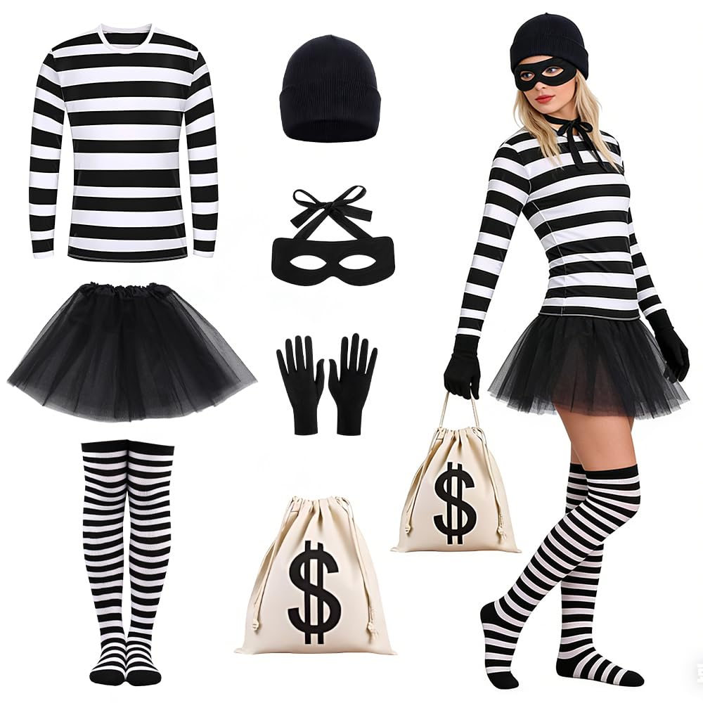 ZMCVOE Robber Costume Set, Burglar Costume Set, Cops and Robbers Fancy Dress, Black & White Striped T-Shirt Beanie Gloves T-Shirt Socks Eye Mask Tutu Skirt Canvas Money Bag for Cosplay (Women-XL)