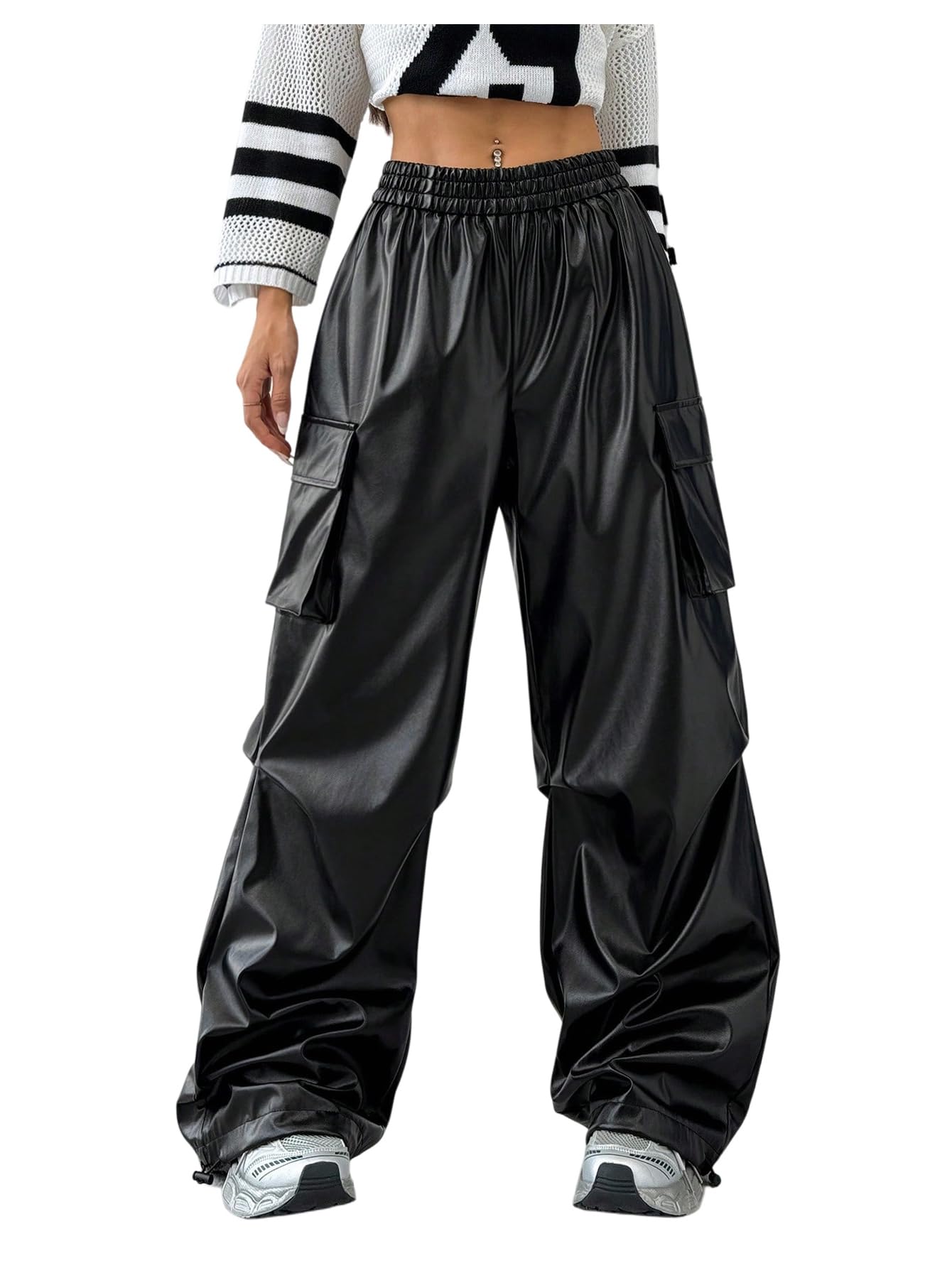 SHENHE Womens PU Leather Baggy Cargo Pants Elastic High Waisted Wide Leg Y2k Trousers