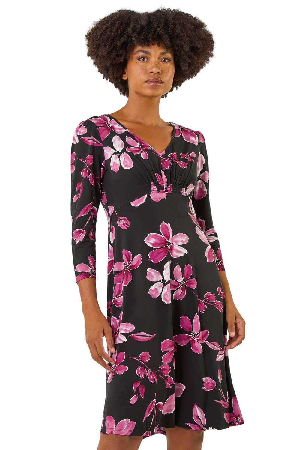 Roman Originals Women's Magenta Floral Print Gathered Stretch Midi Dress For Uk - Everyday Autumn Winter V-Neckline Comfy Soft Evening Vacation Work Party Night Out - Size 18