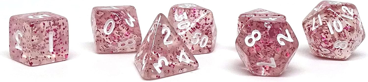 10mm Mini Polyhedral Dice Collection - Includes one D20, D12, D10, D8, D6, D4, and D00 (Pink Sparkle)