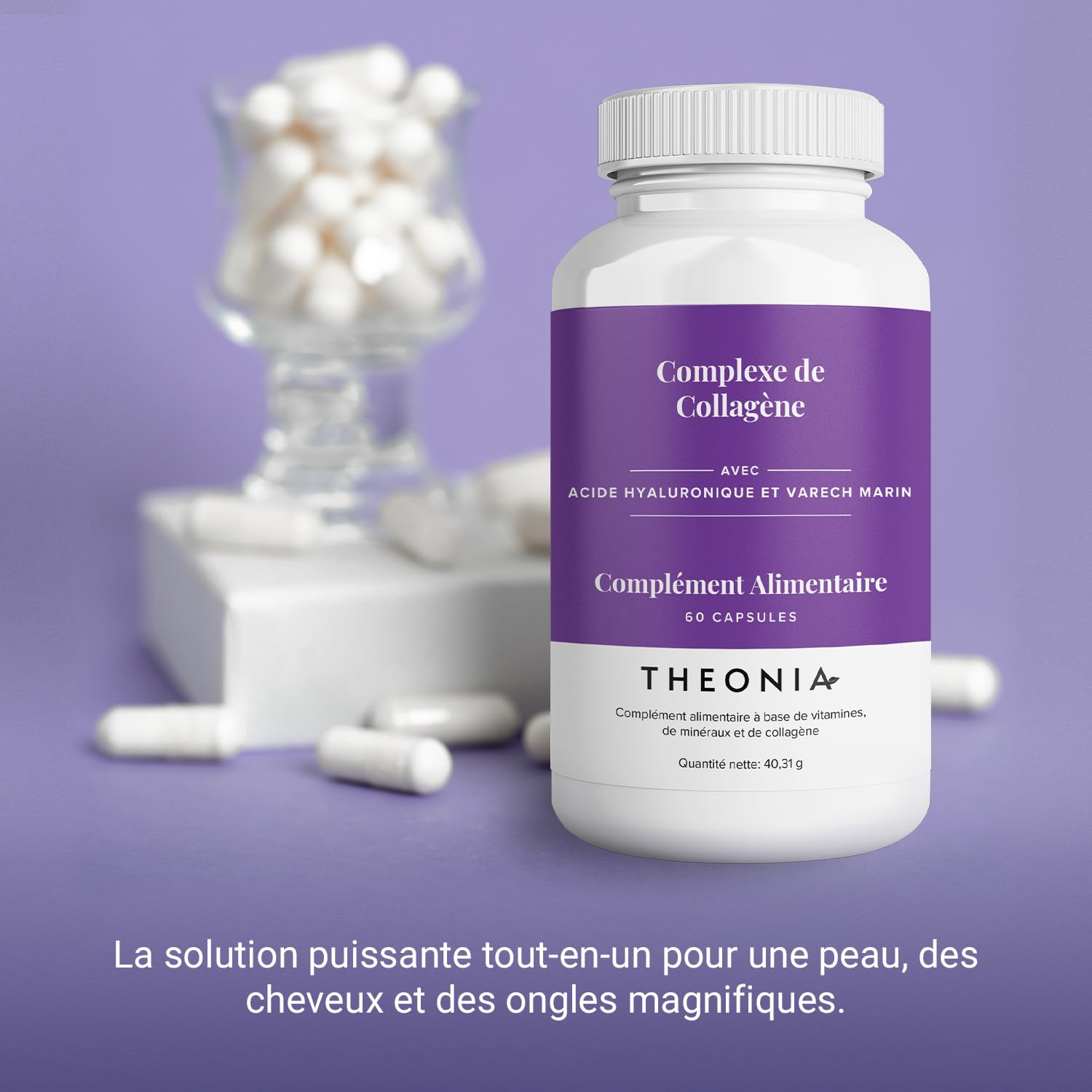 Complexe collagène Theonia 60 capsules, acide hyaluronique & varech marin | vitamine E, C, biotine, ongles sains, peau, métabolisme des articulations des cheveux, supplément marin de type 1