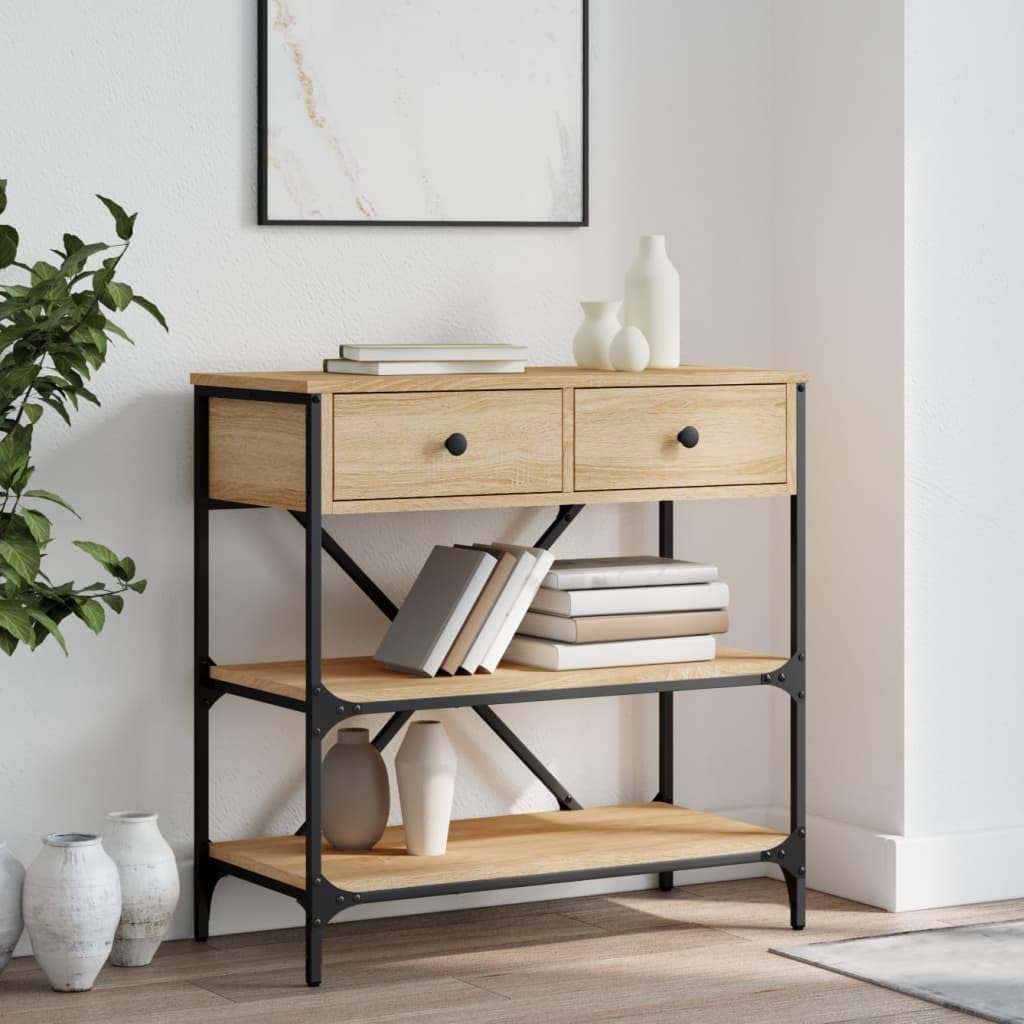 SXZenSpace Console Table Sonoma Oak 75x34.5x75 cm Engineered Wood Hallway Sideboard with Metal Frame Drawers & Shelf for Living Room Corridor Bedroom