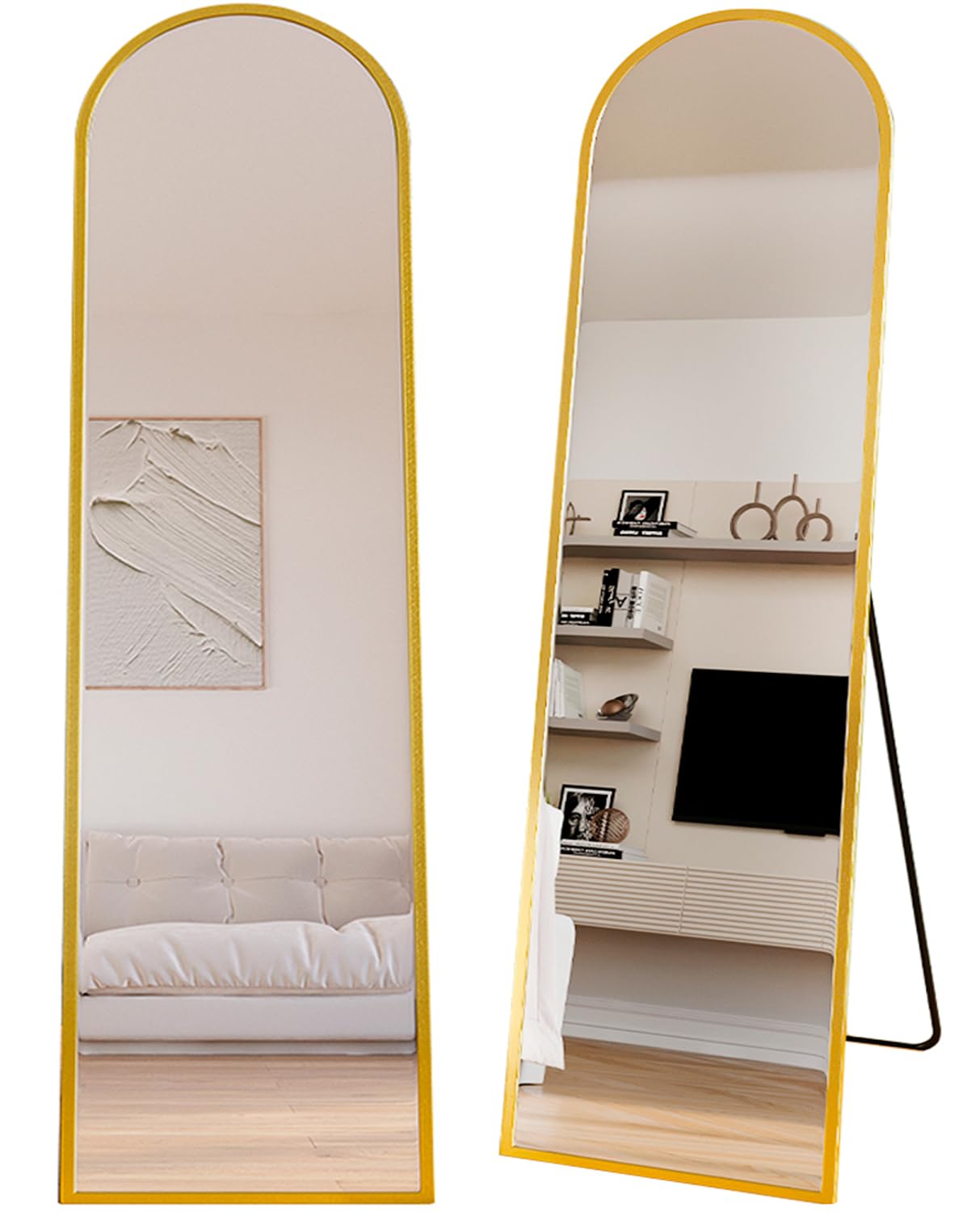Marctani Espejo de Pie Cuerpo Entero - Espejo Grande y Largo con 3 Formas de Uso, Independiente, Montaje Pared y Apoyado - Marco de Aluminio para Dormitorio, Baño o Salon (Dorado 150x40cm)