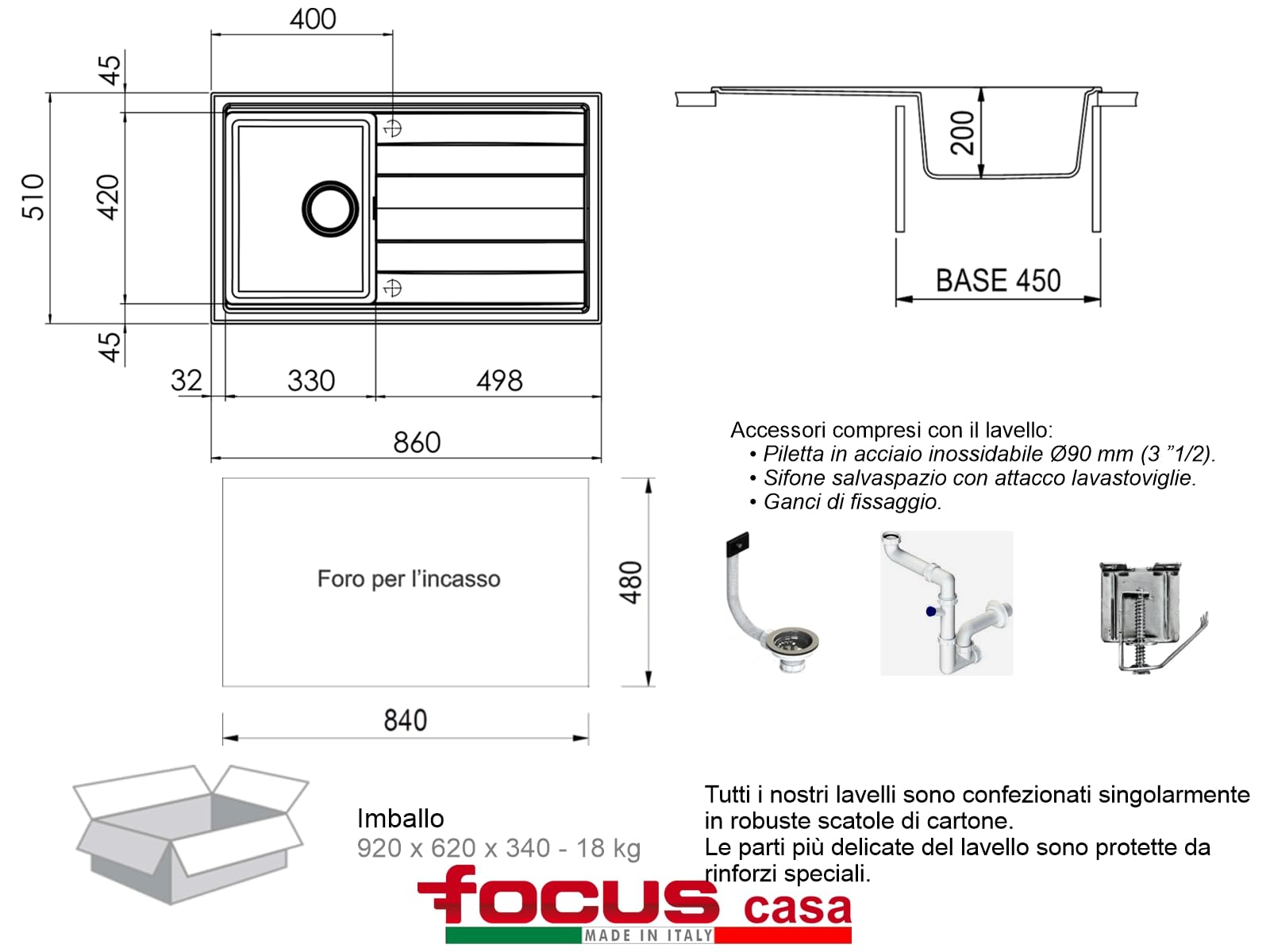 Lavello cucina Orlando grigio chiaro perla 1 vasca con gocciolatoio 86 x 51 cm Made in Italy