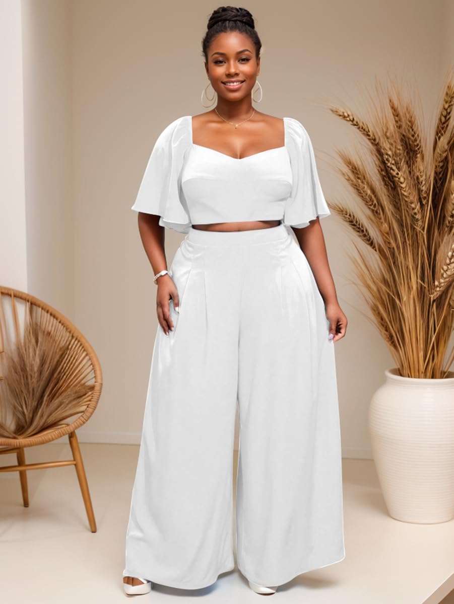 WUSENST Women's Summer 2 Piece Outfits 2025 Ruffle Sleeve Sweetheart Neck Crop Tops Wide Leg Pant Sets Casual Tracksuit - Image 4