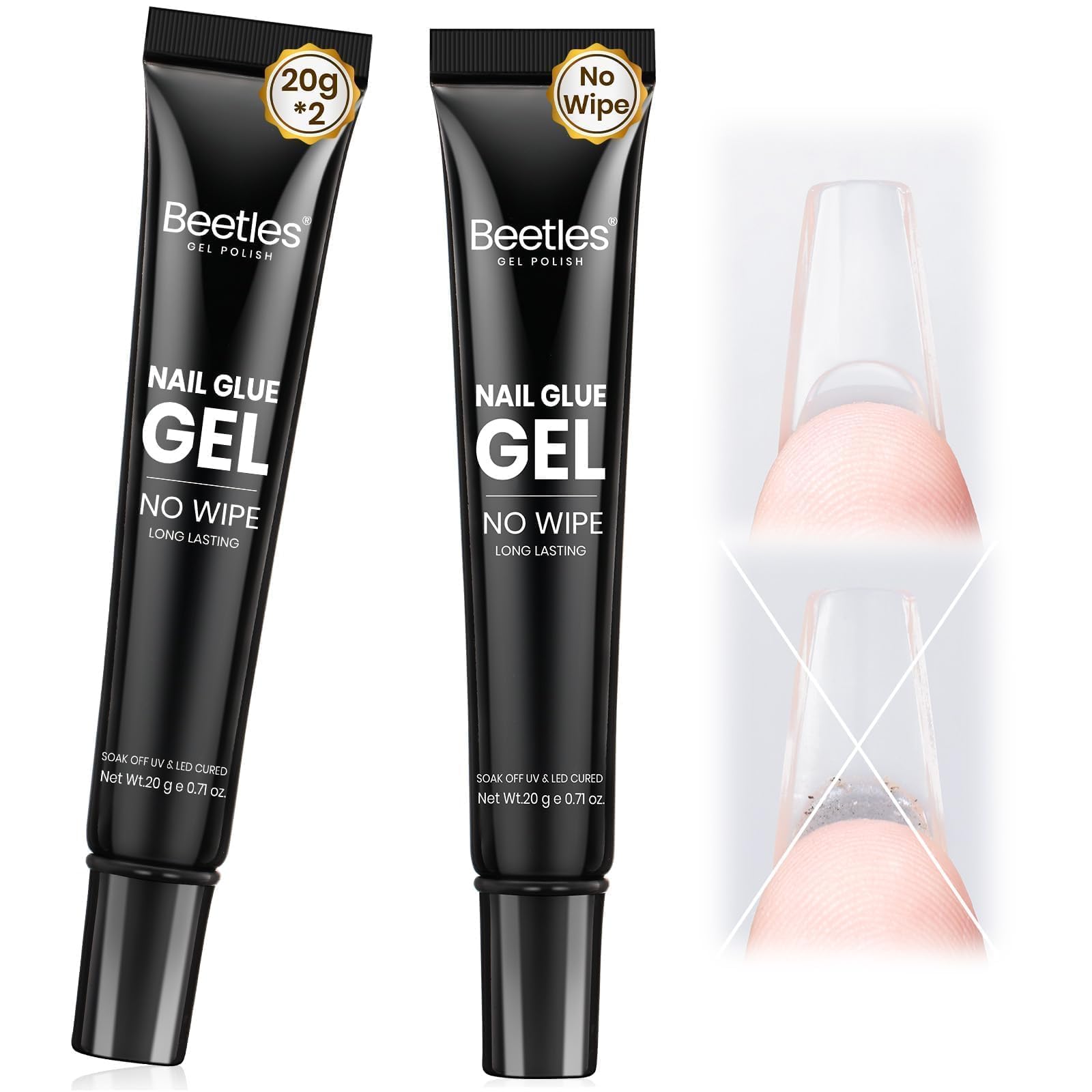 Beetles Solid Nail Glue Gel 2Pcs 20g for Nail Tips, No Wipe Hands-Free | Nail Tip Glue, Super Strong for Press On Nails, Acrylic Fake Nails & Nail Extensions, 3D Nail Art, UV/LED Lamp Required