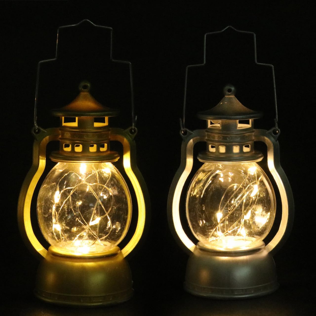 STOBAZA 2 Pack Mini Vintage Oil Lamp Lanterns, Battery Operated Metal Hanging Light, Gold Silver Retro Kerosene Style Decor for Christmas Table Centerpiece Party Bar Prop
