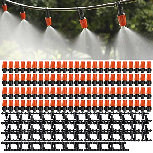 MSDADA 100pcs Micro Spray Adjustable Flow Irrigation Drippers, Garden Adjustable Sprinkler drip Irrigation Mister Heads with 3 Tee Irrigation Misting Drip Kit (Orange)