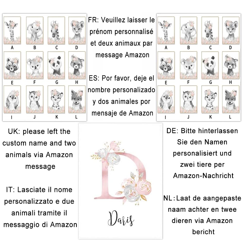 Youihom 3 Affiche Prenom Bebe Tableau Safari Elephant Lion Posters Personnalisé Garcon Fille Décoration Chambre Murale Toile Enfant Cadeau 30 x 40 cm sans Cadre