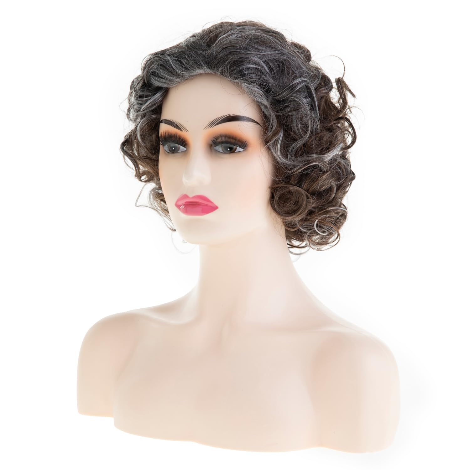 Short Brown Curly Wigs for Women Synthetic Mixed Grey Big Curly Bob Wig Modern Cosplay Hair