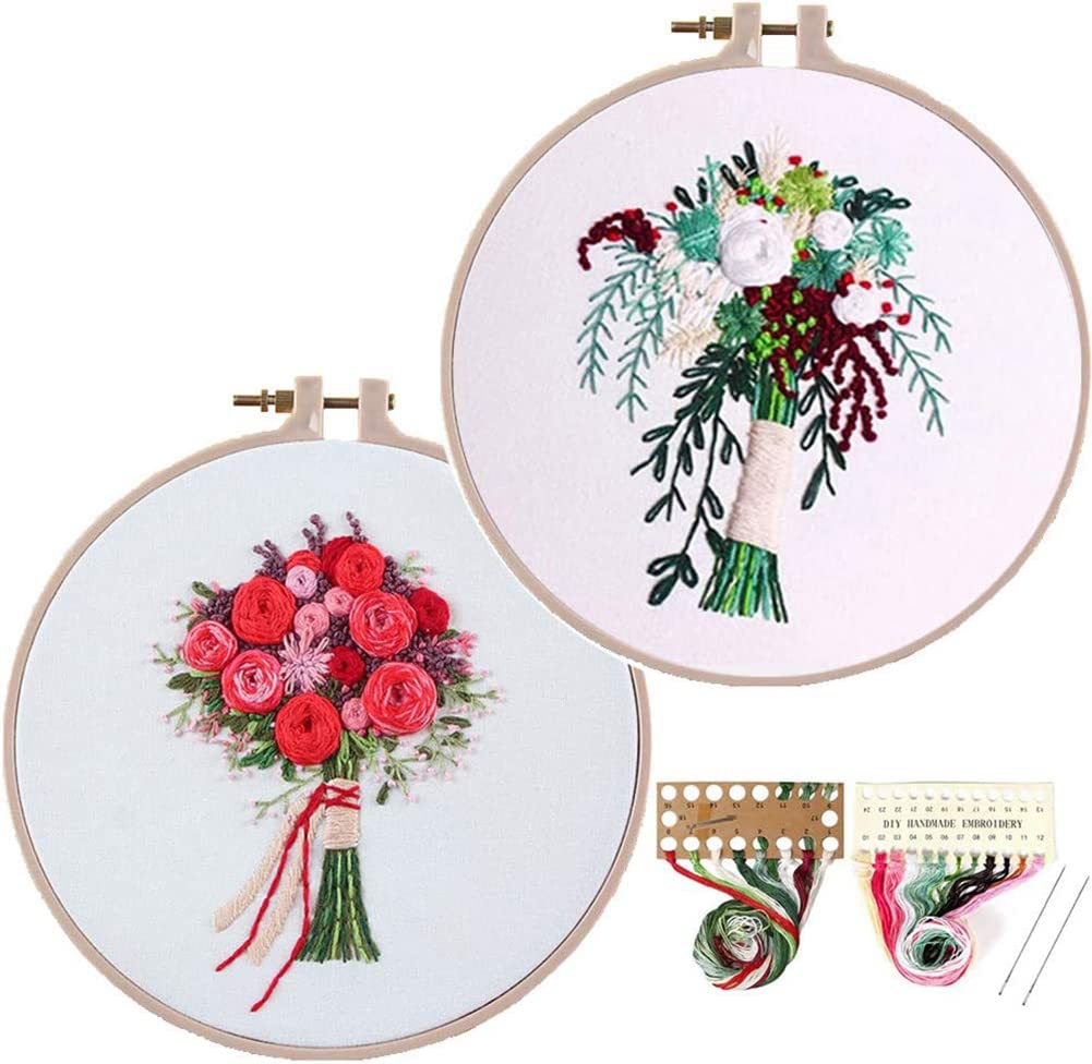 SYOSI 2 Pack Embroidery Starter Kit for Beginners Beautiful Flower Stamped Embroidery Kit with Pattern Adult Cross Stitch Kits Wedding Bouquet Decoration,with Embroidery Cloth Hoops Threads Needles