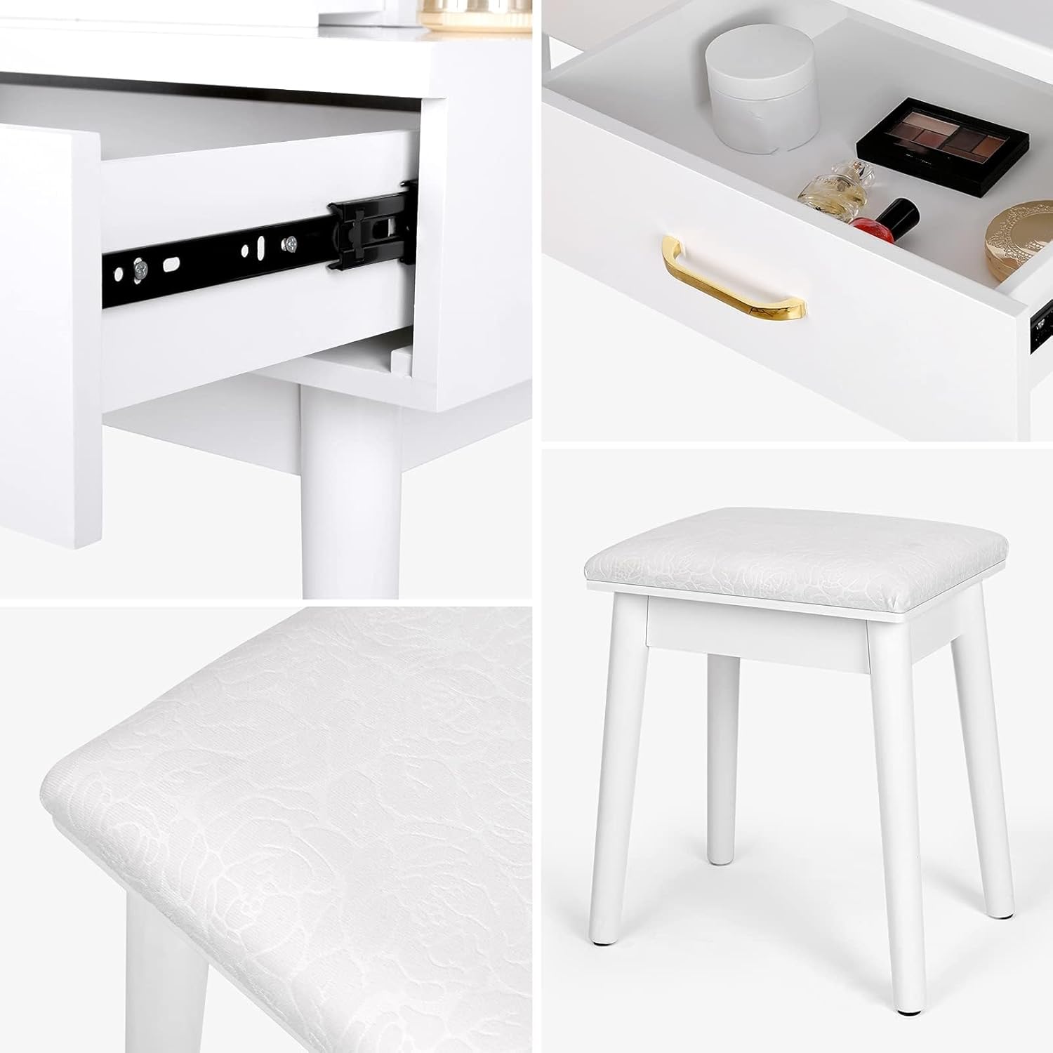 Close-up of the soft cushioned stool included with the vanity desk