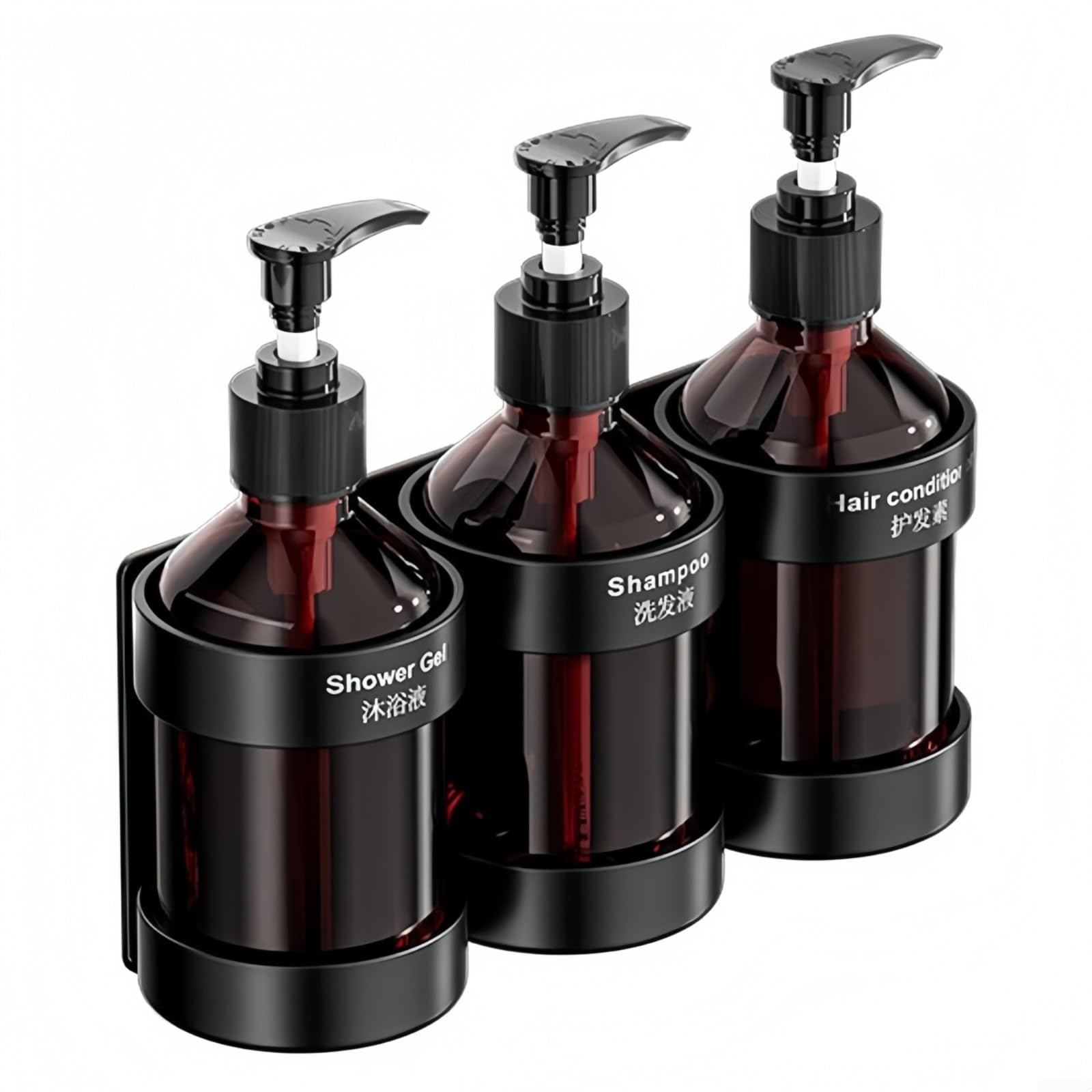 Distributeur de savon manuel mural en acier inoxydable avec 3 bouteilles marron de 300 ml