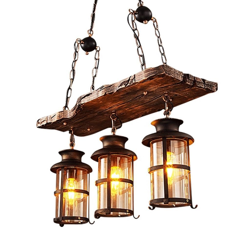 BLOOHK Industrial 3-Light Wood Chandelier, Rustic Solid Wood Pendant Light Farmhouse Linear Hanging Lamp for Kitchen Island, Dining Table