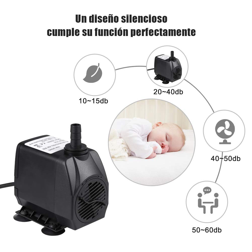 Bomba de Agua Sumergible 4000L/H 80W para Acuario Estanque Pecera Fuente Circulación de Agua Dulce y Marino con 4 Boquillas 4m de Altura