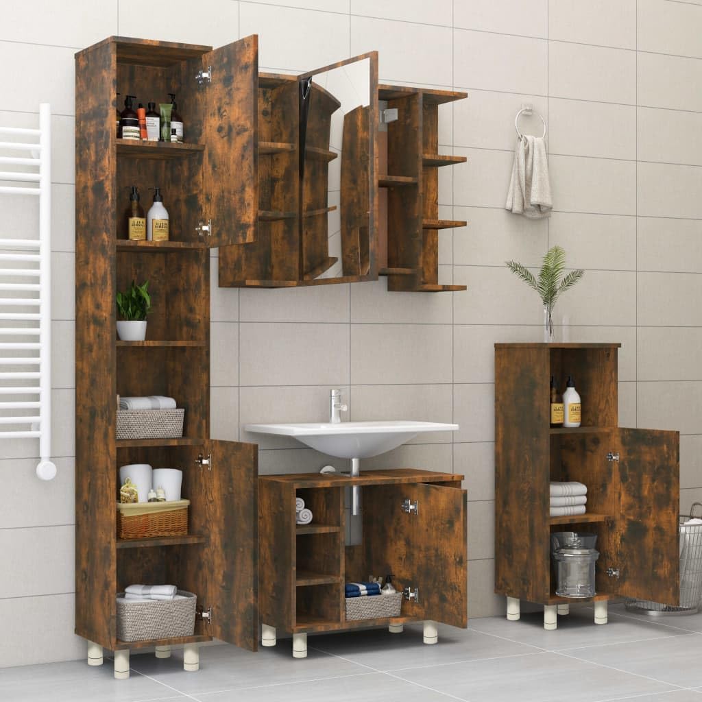 Armario de baño de roble ahumado de madera de 30 x 30 x 95 cm con 3 compartimentos y puerta, independiente, soporte alto, soporte de pared para baño, lavadero e inodoro de invitados