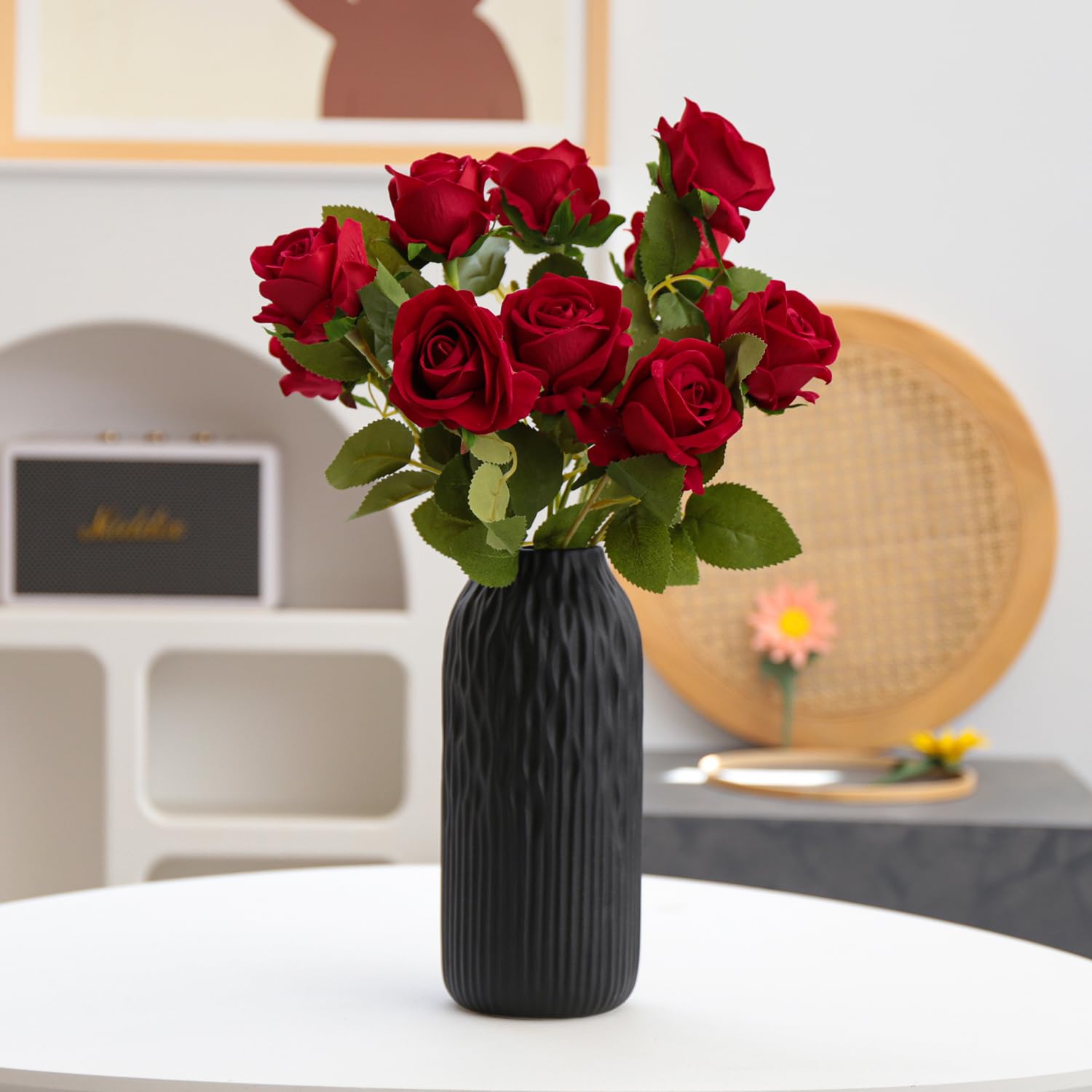 Schwarze Keramik-Blumenvase, 2er-Set, Porzellan, zylindrische Trockenblumen-Halter, Dekoration für Salon/Tisch/Arbeitszimmer/Büroeingang, moderner einfacher Boho-Stil (Schwarz)