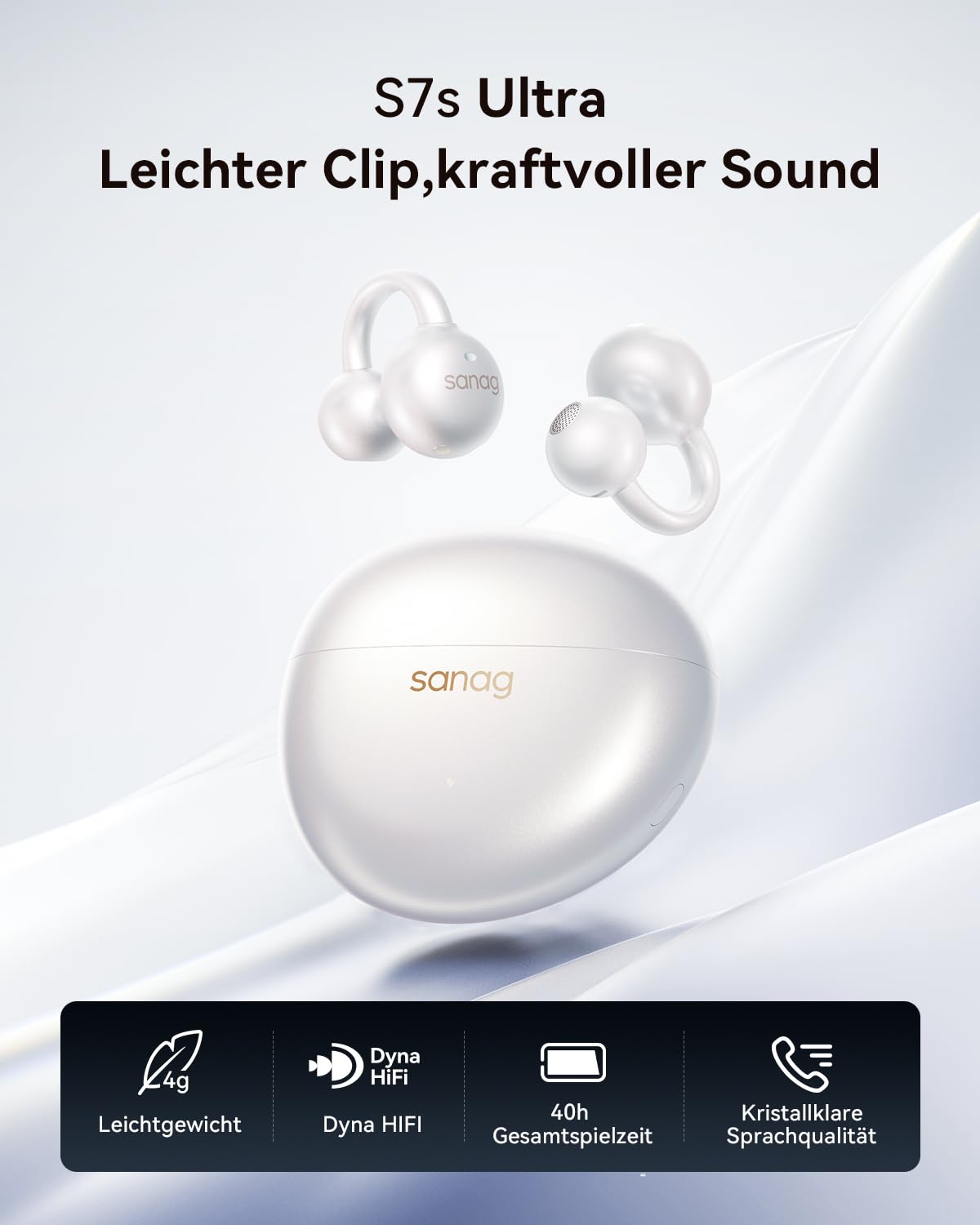 SANAG S7SUltra Open Ear Kopfhörer, Clip On Earbuds Kabellos Dyna HiFi, Bluetooth 6.0, 40H Spielzeit, IP67 Wasserdicht, 4g, ENC Geräuschunterdrückung für Anrufe, Sicherer Halt für Laufen, Radfahren