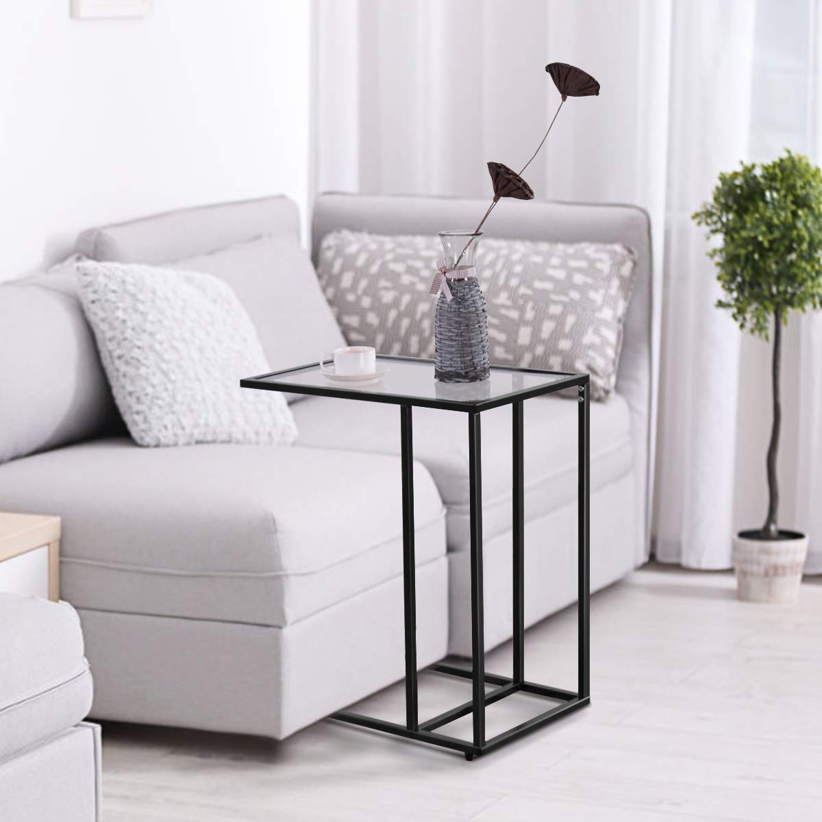GIANTEX Bijzettafel C-vorm, salontafel, salontafel, woonkamertafel, glas & metaal, glazen tafel, koffietafel, telefoontafel, modern, laptoptafel, 55,5 x 35 x 65 cm