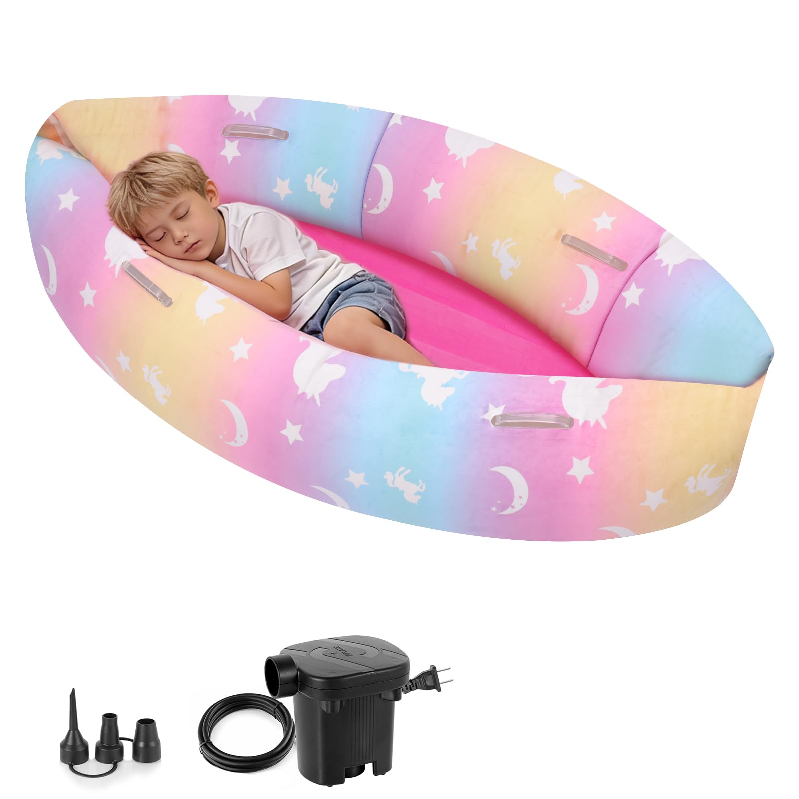 Silla sensorial inflable Peapod Canoa, 60 pulgadas para niños autistas, cápsula de guisantes de terapia para niños, Peapod sensorial incluye bomba de aire eléctrica, multicolor