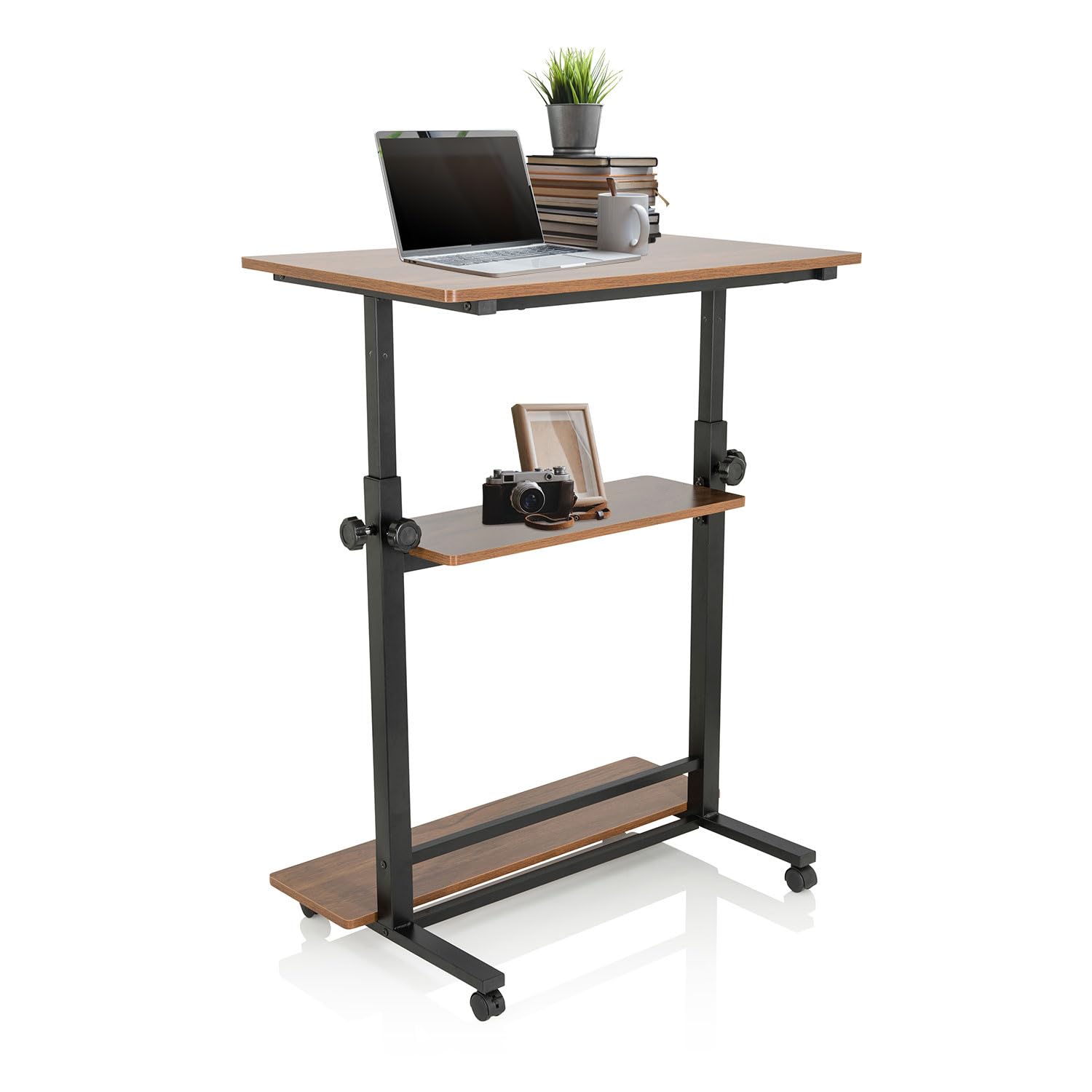 hjh OFFICE Stehpult höhenverstellbar Workstation II 80x50 cm Mobiler Computertisch mit Rollen, Laptoptisch, Schwarz/Walnuss 830070