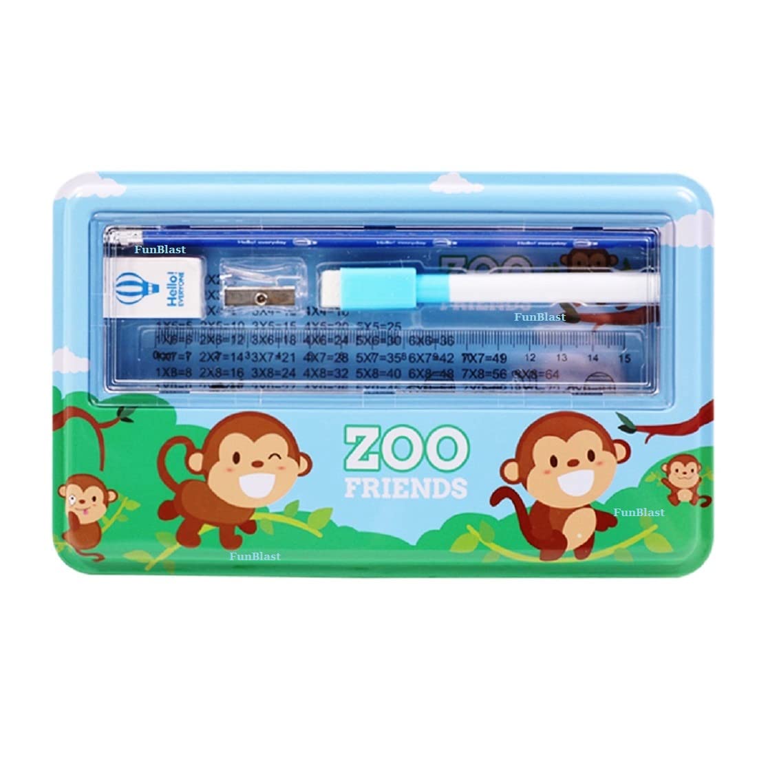 FunBlast Metal Zoo Friends Pencil Box Case with Stationery Set, Double Layer Pencil Case Organizer for Kids, Boys, Girls