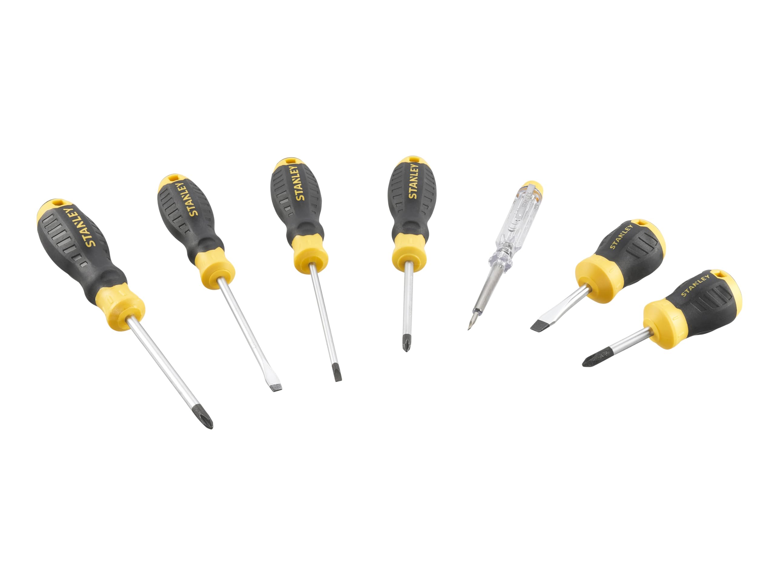 Stanley Cushion Grip™ Screwdriver Set, 6 Piece + Voltage Tester, Engineered from high-Strength, Chrome Vanadium Steel with a Strong Magnetic Black Oxide tip.