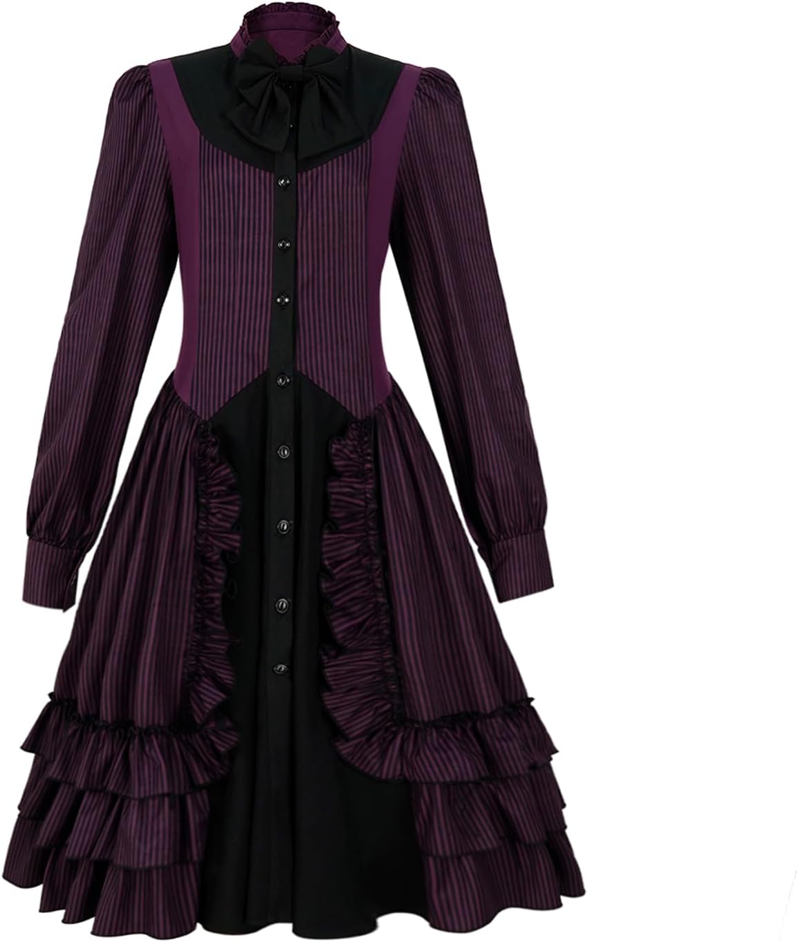 Women Girls Black Gothic Dress Long Sleeves Polyester Ruffle Dress with Bows
