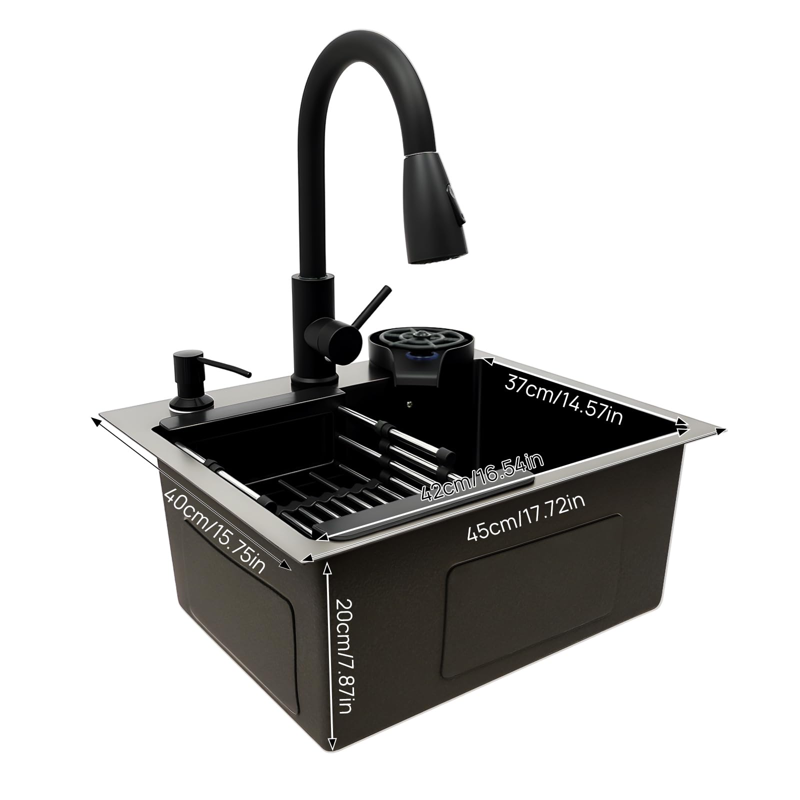 Lavello Nero Lavandino Nero 40x45cm Lavello da Incasso Linea a X Lavello da Cucina Cucina Lavello Includi Rubinetto Estensibile, Spazzola per Tazze, Sgocciolatore e Distributore di Sapone