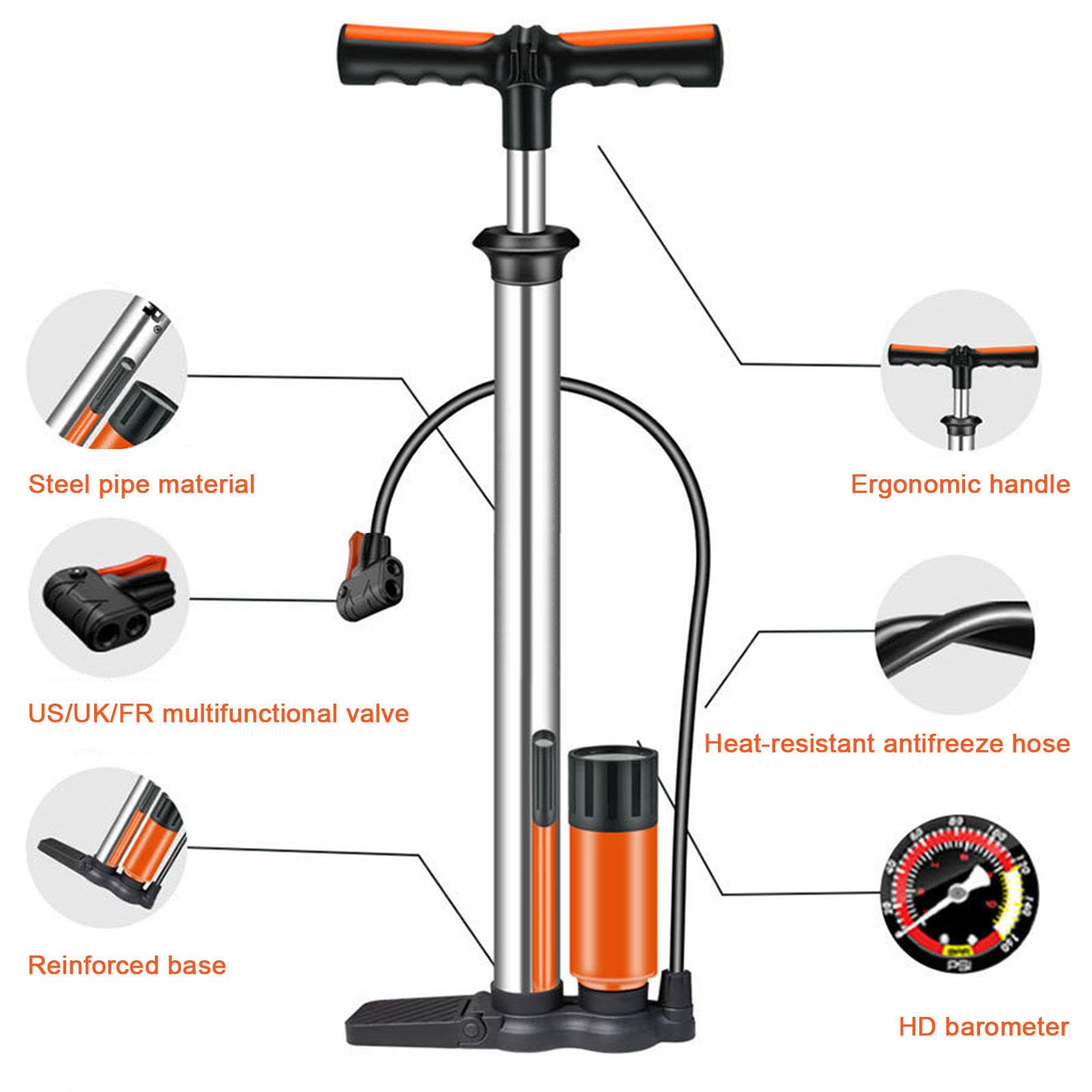 Wysokociśnieniowa Pompa Podłogowa Do Roweru, Pompka Rowerowa, Pompka Stojąca 160PSI Z Zaworami Presta I Schrader, Pompka Do Roweru Z Pompką Do Piłek Igła Do Koszykówki Rowerowej,Silver