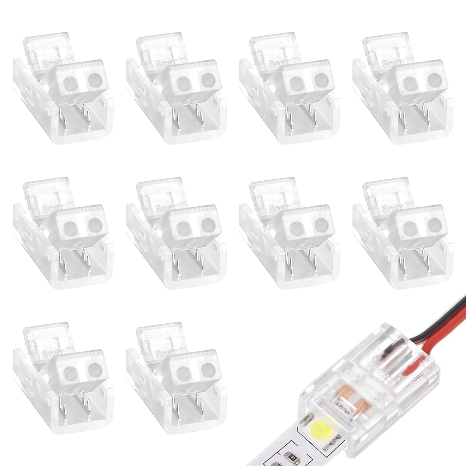 10 Pcs 2 Pin 8mm COB LED Strip Light Connectors, Solderless Quick LED Strip Connectors for Waterproof and Non-Waterproof, Gapless LED Adapter Perfect for DIY Projects Professional Use [Energy Class A]