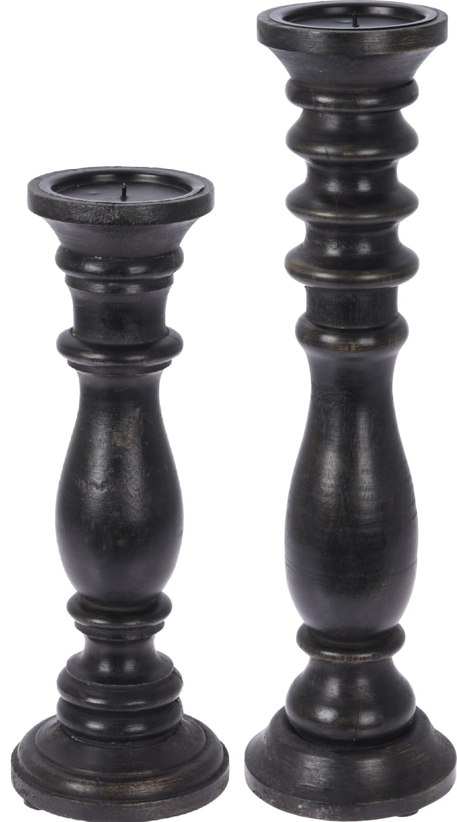Set of 2 Black Wood Candle Holders – Rustic Farmhouse Pillar Candle Stand Set, Decorative Wooden Candlestick Holders for Home Decor, Mantel, Table Centerpiece (Tall & Short)