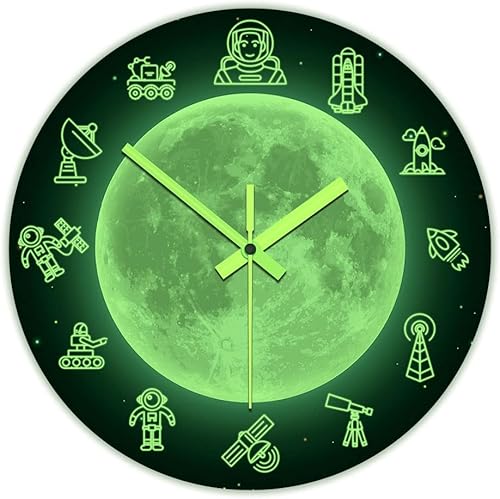 Miniatura 2 de The Geeky Days Reloj de pared que brilla en la oscuridad, diseño de luna de viaje espacial de 12 pulgadas, moderno, luminoso, silencioso y luminoso