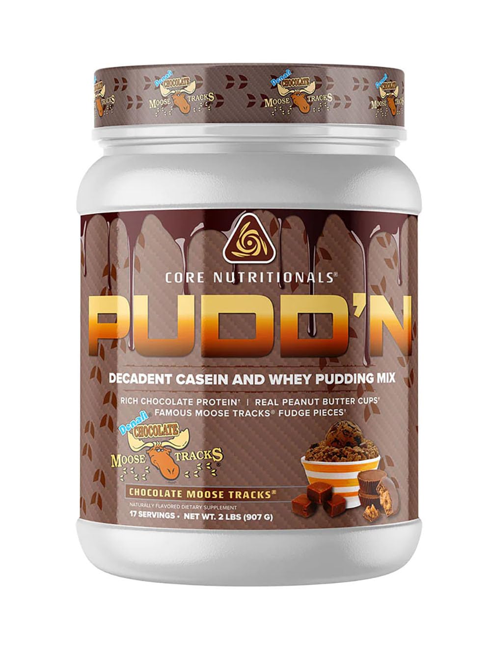 Core Nutritionals Pudd'n, Decadent Protein Pudding Mix, Full Disclosure Casein Blend, Sustained Release, 20G Protein, 17 Servings (Chocolate Moose Tracks, 2 lb)