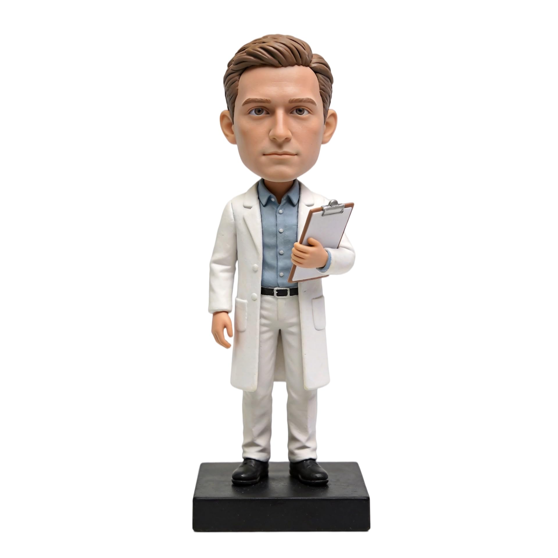 Figurine 3D personnalisée à tête branlante de photo Bobbleheads - Figurine de médecin masculin avec presse-papiers - Cadeaux de collection pour médecins, cliniques, bureau, décoration de